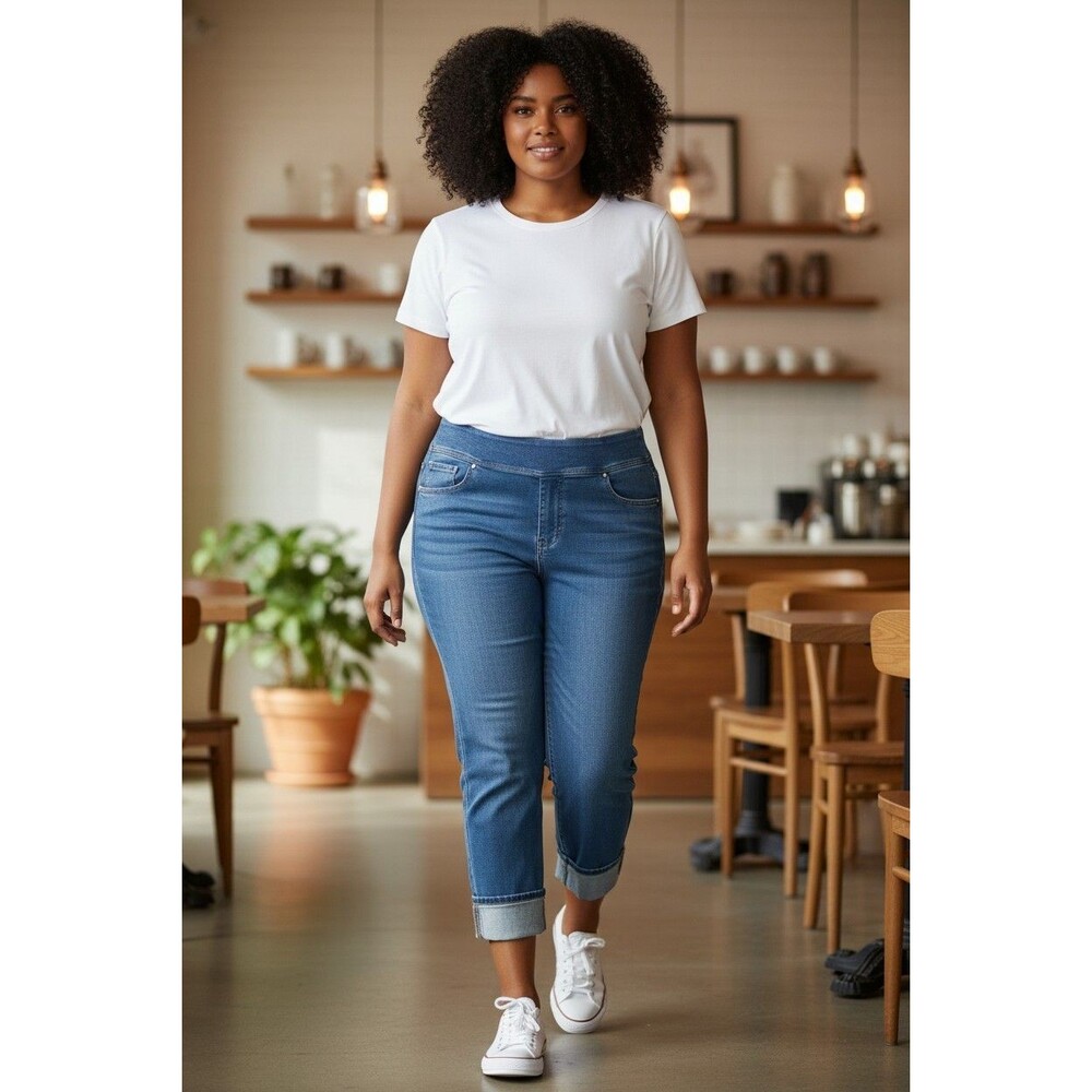 Belle By Kim Gravel women's Med Wash Pull On Denim Pants Cuff 16T
